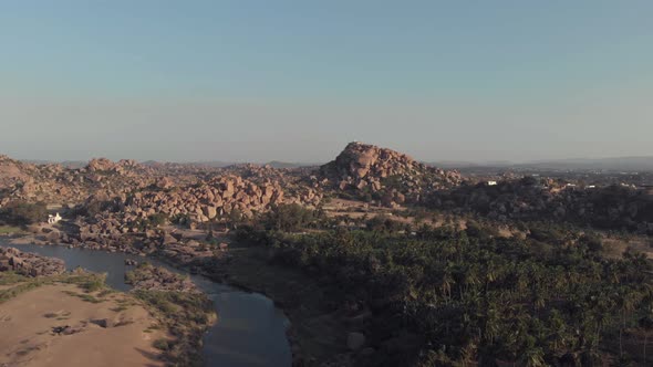 Hampi landscape, Karnataka, India. Panoramic aerial view on sunny day
