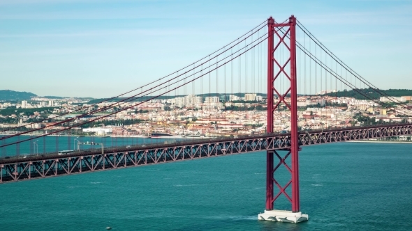 Traffic On The 25 De Abril Bridge In Lisbon Portugal