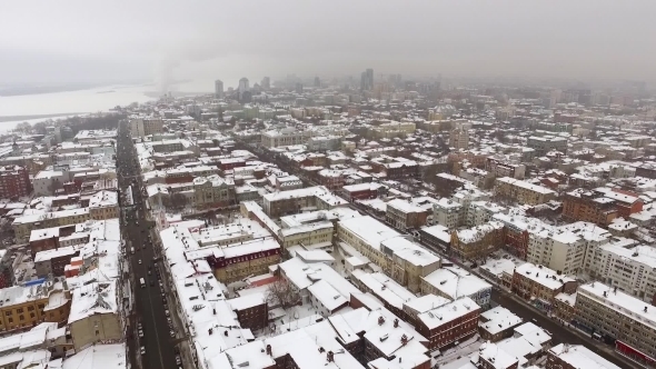 Aerial Panorama Of Winter City And River