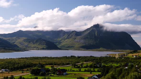 Cloud Timelapse of Beautiful Mountains with Fjord on Lofoten Islands, Northern Norway (View from Tor