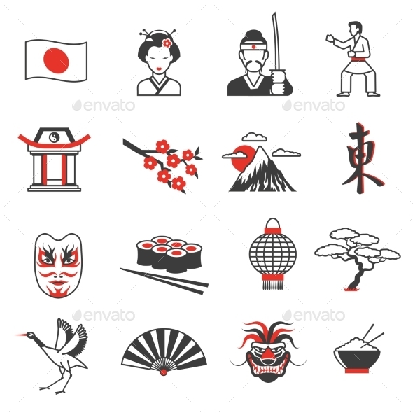 Japan Red Black Icons Set