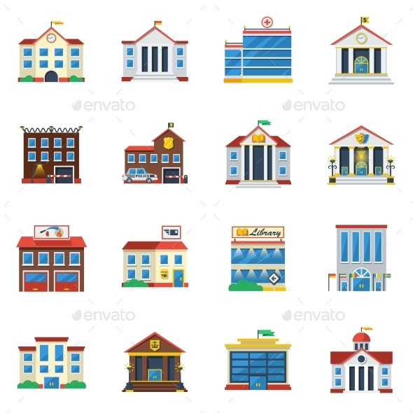 Government Buildings Flat Color Icon Set