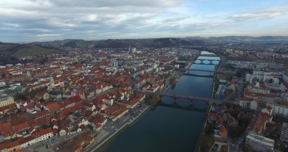 Aerials View Of Maribor City In The Overcast Day