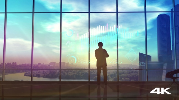 Businessman In Office With Sunset View Analyzes Infographic 4K