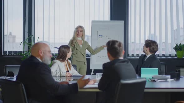 Gorgeous Confident Caucasian Businesswoman Presenting Business Idea Standing at Whiteboard in Office