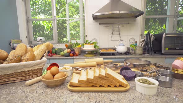 Homemade cooking and baking. Close up of breakfast. Food bread, toasts, dough ingredients