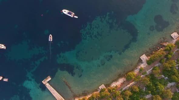 Aerial view of touristic sailing boat crossing the Adriatic sea, Croatia.