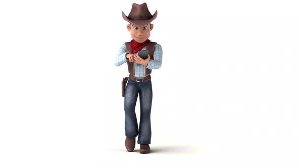 Fun 3D cartoon cowboy walking with a smartphone