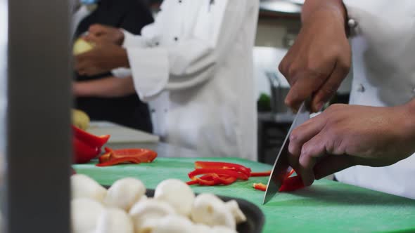 Midsection of diverse group of chefs cutting vegetables in restaurant kitchen