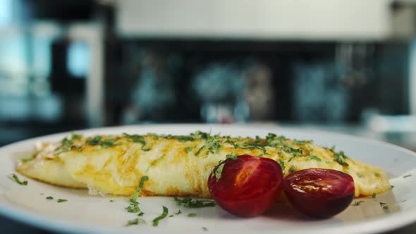 Close-up: French omelette with herbs in a professional kitchen