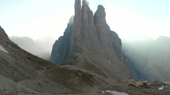 Aerial View of Vajolet Towers Mountain in Dolomites Italy at Sunrise