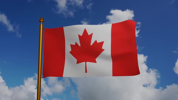 National flag of Canada waving with flagpole and blue sky timelapse