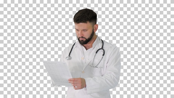 Caucasian serious doctor walking and explaining, Alpha Channel