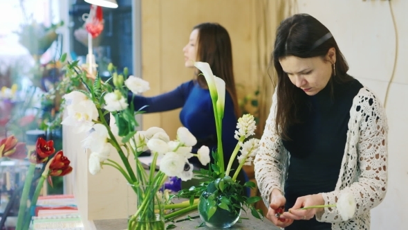 Two Young Women Working Behind The Counter Of a Flower Shop