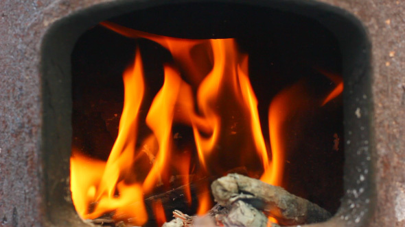 Beautiful Fire Flame Burning In Fireplace