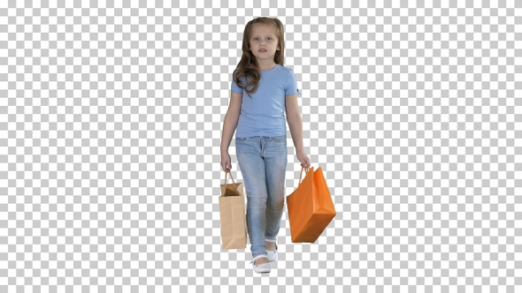 Little girl with shopping bags walking, Alpha Channel