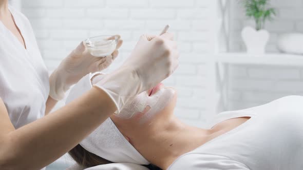 Beautician Doing Mask Face Procedure for Young Woman