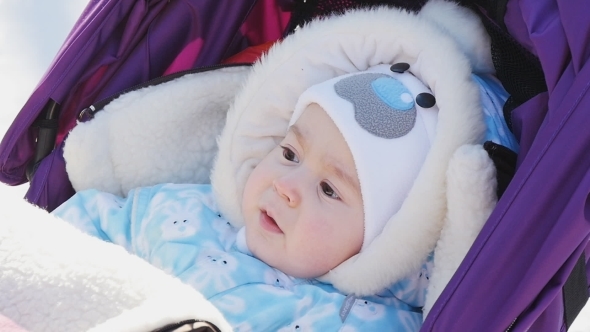 Portrait Of Cute Baby In Pram At Winter