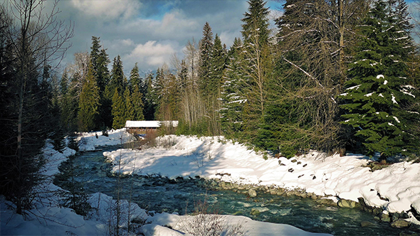 Covered Bridge In Snowy Winter Landscape