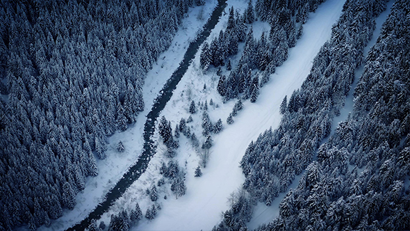 Aerial Above River In Frozen Wilderness