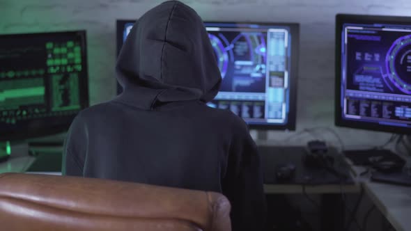 Back View of Hacker in Hood Using Multiple Computers for Cyber Attack. Unrecognizable Programmer