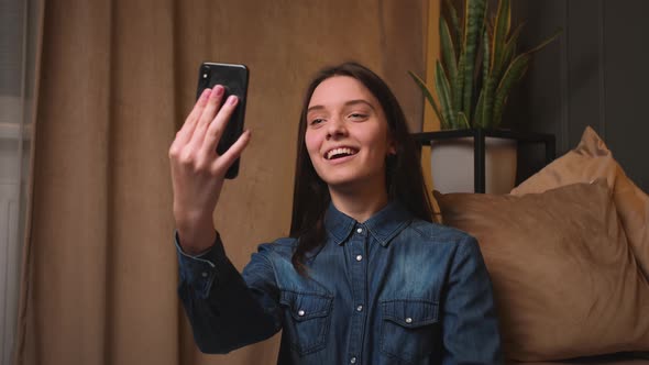 Portrait of Happy Woman Has Video Call Chatting on Phone at Home or Office Looking Camera on Her