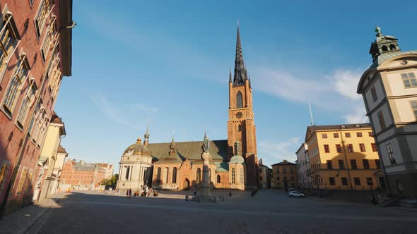 Pan Video of the Famous Church with an Metal Spire in Stockholm - Riddarholmen Church