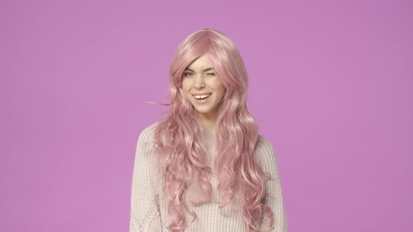 Relationship Beauty and Valentines Day Concept Lovely Adorable Caucasian Woman with Pink Wig