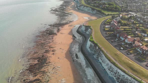 Drone aerial view of the beach and white cliffs, Margate, England, UK