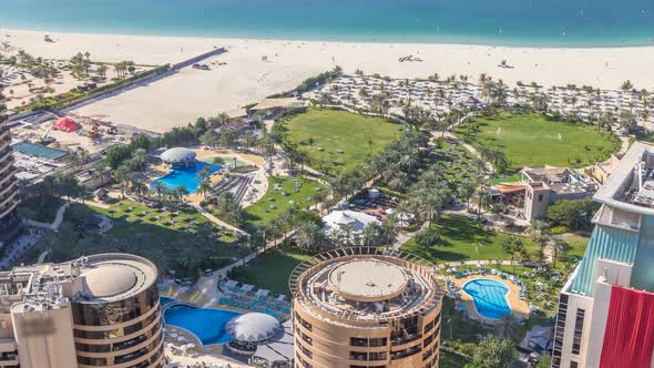 Aerial View of Modern Skyscrapers and Beach at Jumeirah Beach Residence JBR Timelapse in Dubai UAE