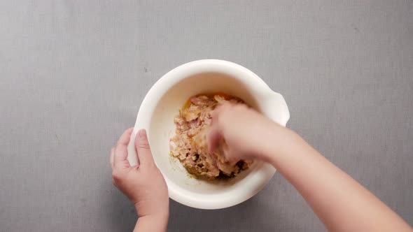 Woman Mixes Minced with Egg and Spices