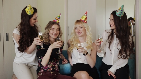 Beautiful Girls In a Hotel Arranged a Party With Glasses Of Champagne