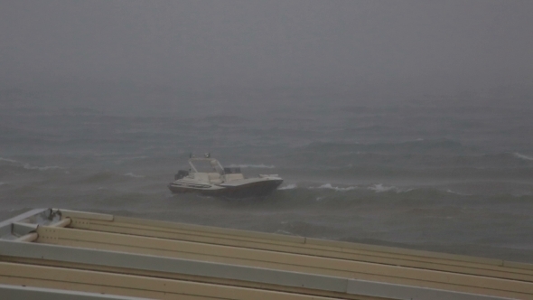 Boat On a Leash In Stormy Aegean Sea.