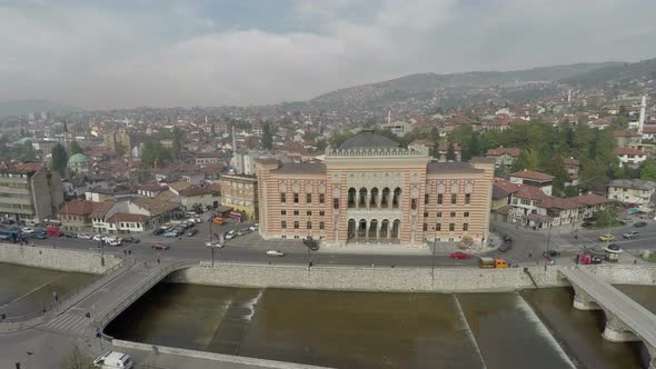 Aerial view of the City Hall and Miljacka River