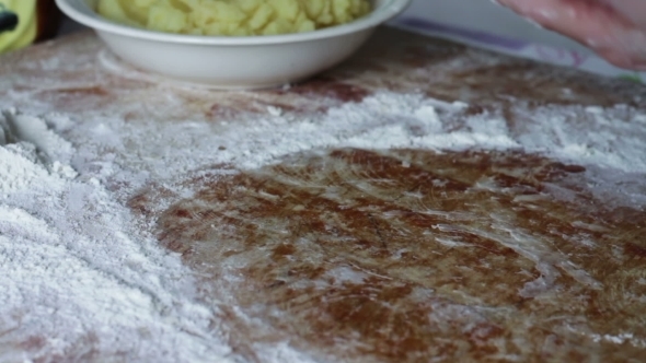 Woman Prepares Dough For Dumplings At Home Kitchen alt