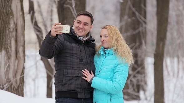 Happy Couple Taking Selfie, Winter Day