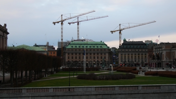 Construction Crane Near Riksdag Parliament Building In Stockholm, Sweden.