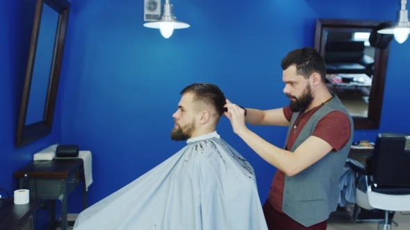 Barber Cuts The Hair Of The Client With Scissors 