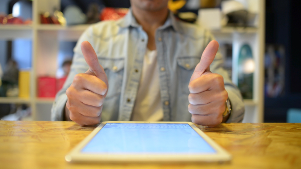 Thumbs Up, Both Hands Gesture, While Working Online alt