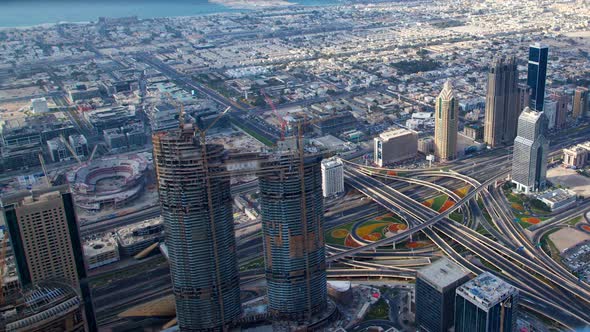 Dubai Scenic Aerial View of Big Highway Intersection Day Traffic Time-lapse