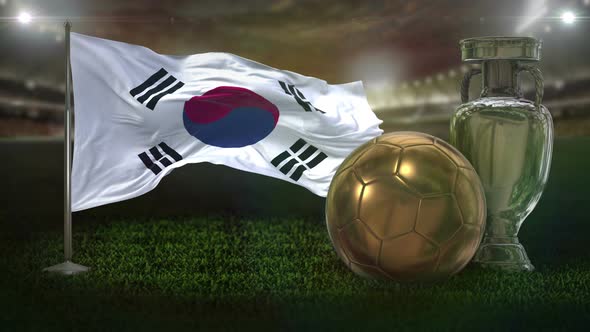 South Korea Flag With Football And Cup Background Loop 4K