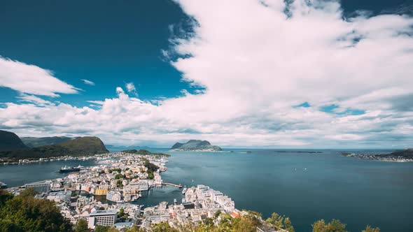 Alesund, Norway. Amazing Natural Bright Sunset Dramatic Sky In Warm Colours Above Alesund Islands