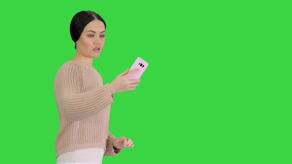 Pretty Smiling Female Casual Clothes Taking Selfie While Walking Green Screen Chroma Key