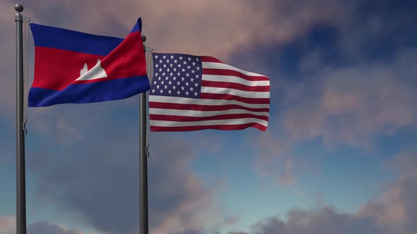 Cambodia Flag Waving Along With The National Flag Of The USA - 4K