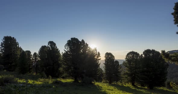 Mountain Meadow Timelapse. Wild Nature and Rural Field. Clouds, Trees, Green Grass and Sun Rays