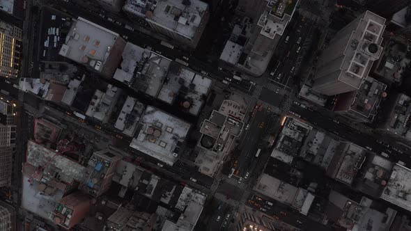 Birds Perspective Flight Over Manhattan New York City Busy Street Lights at Epic Dusk 