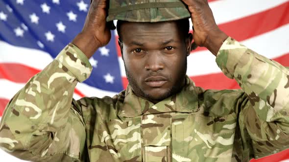 Portrait of military soldier wearing helmet