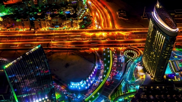 Night View Highway From Aerial In Dubai.