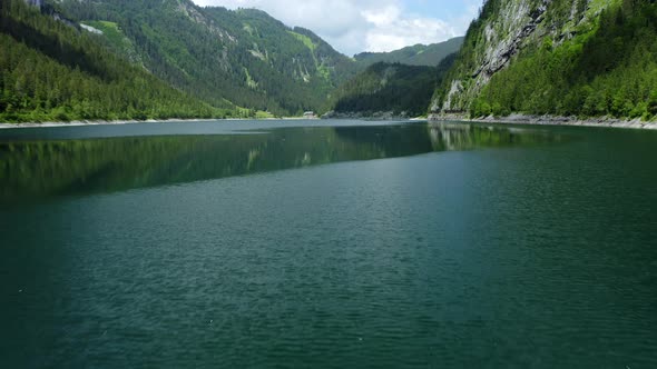 Aerial Low Altitude Fly Over Gosausee Lake in Upper Austria