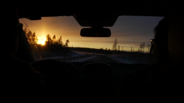 Car Driving In Sunrise, Winter